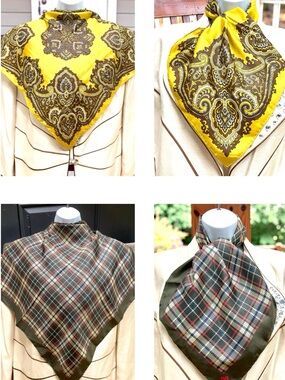 (2) Silk Scarf /Bandana 23" Daks & Other Okive red brown check Gold paisley (26